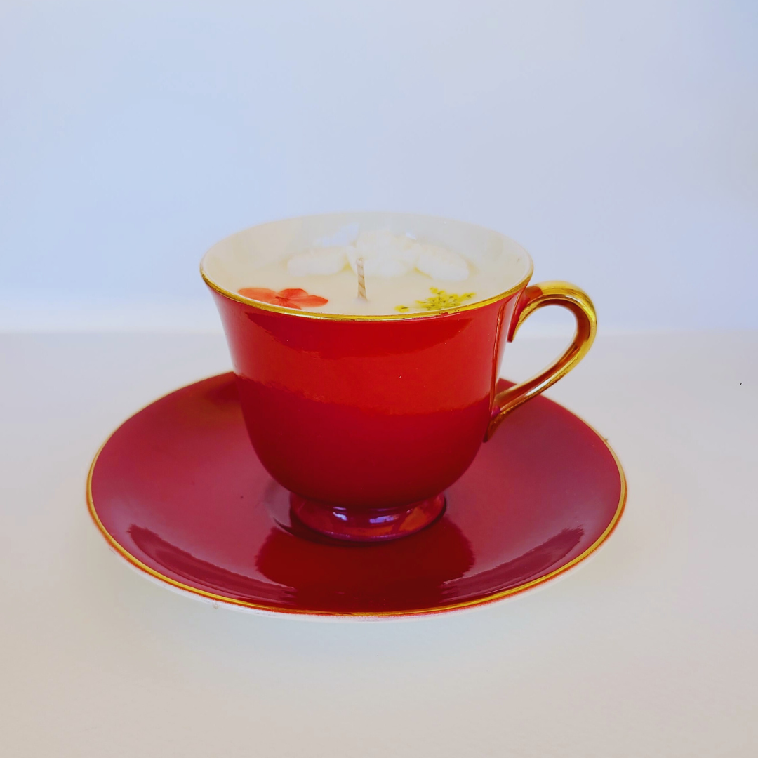 Vintage Noritake teacup candle front view by Candela Cafe