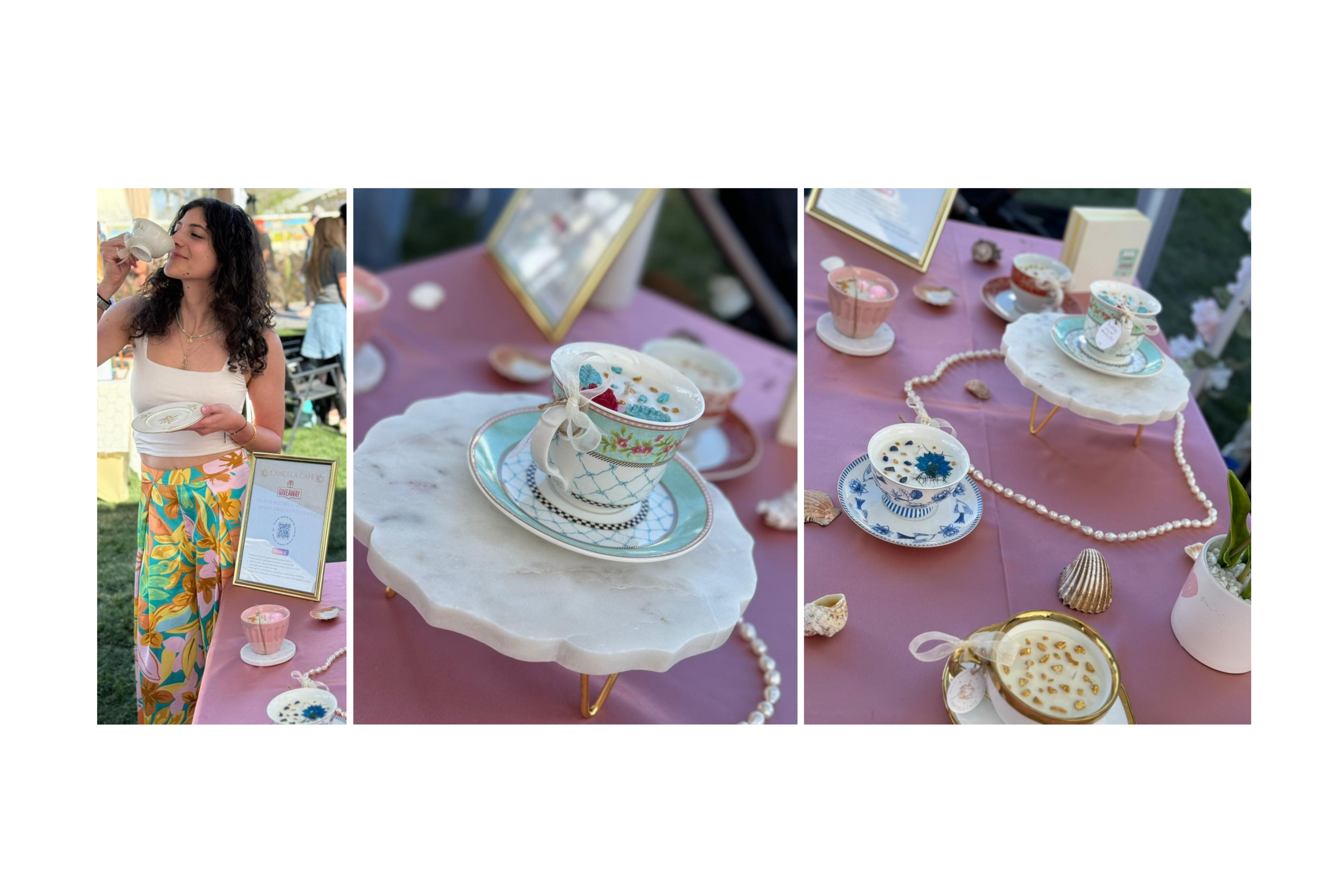 Photos of Candela Cafe collection of boutique and vintage teacup candles